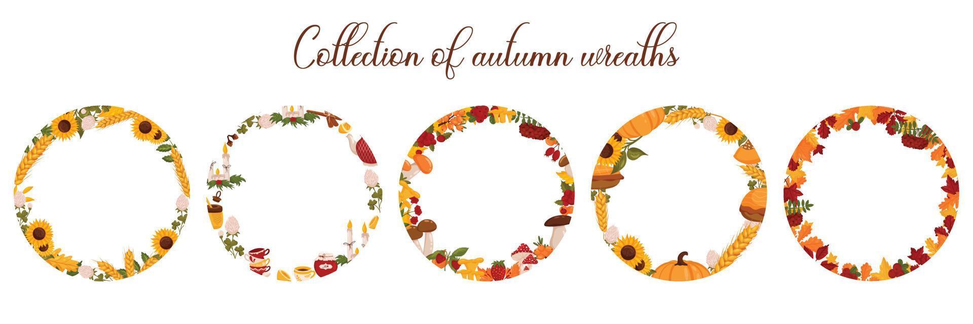 Set autumn wreaths with berries, sunflowers, mushrooms and autumn leaves, elements for tea party, with space for text. Vector illustration isolated white background.