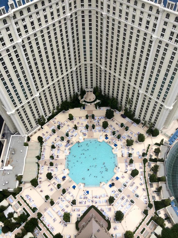 Las Vegas, Nevada - May 24, 2014 -  Aerial view of Paris, Las Vegas, a luxury resort and casino on Las Vegas Strip. The hotel has Paris theme including Eiffel Tower and the Louvre. photo