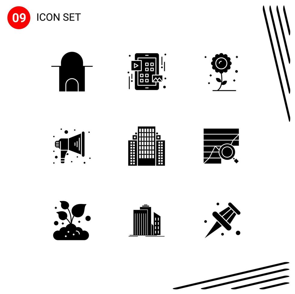 9 Universal Solid Glyphs Set for Web and Mobile Applications building address farming speaker announce Editable Vector Design Elements