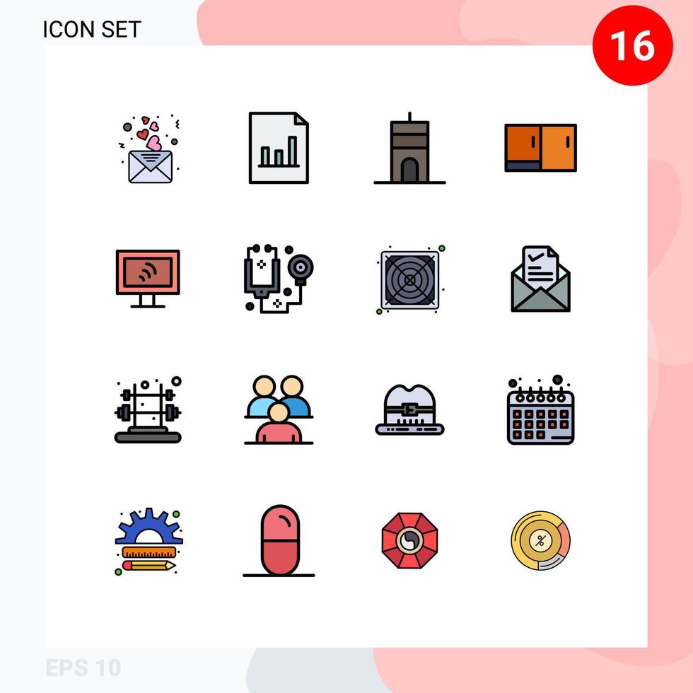 16 User Interface Flat Color Filled Line Pack of modern Signs and Symbols of service computer buildings home appliances desk Editable Creative Vector Design Elements