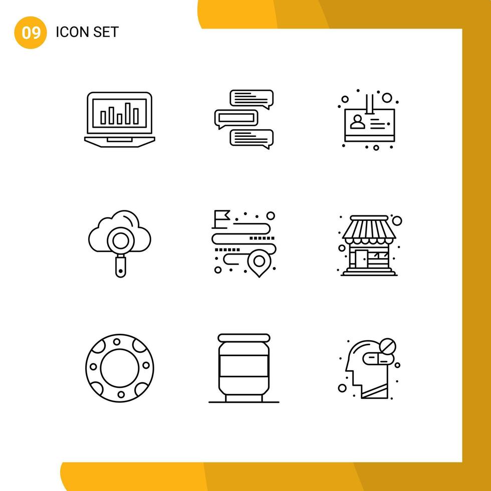 conjunto moderno de 9 contornos y símbolos, como conversaciones de búsqueda a distancia, elementos de diseño de vectores editables para personas informáticas