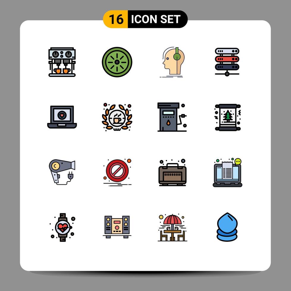 16 concepto de línea llena de color plano para sitios web móviles y aplicaciones portátiles almacenamiento auriculares computación en red elementos de diseño de vectores creativos editables
