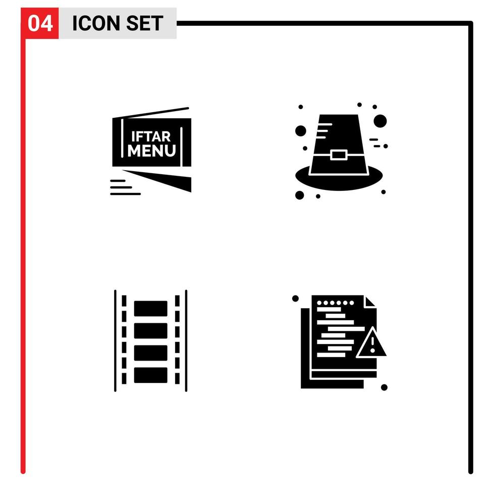 paquete de iconos de vector de stock de 4 signos y símbolos de línea para elementos de diseño de vector editables de carrete de película de sombrero de roza de animación iftar