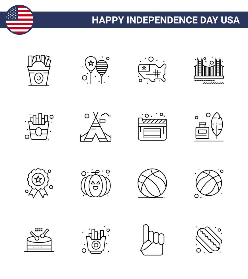 Set of 16 Vector Lines on 4th July USA Independence Day such as tourism golden america flag gate usa Editable USA Day Vector Design Elements