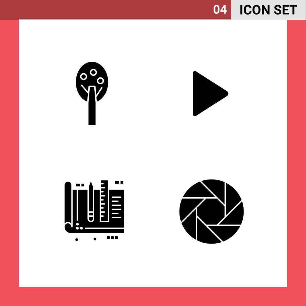 Set of 4 Vector Solid Glyphs on Grid for nature education control video tools Editable Vector Design Elements