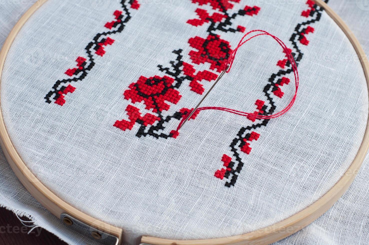 Detail of traditional folk cross stitch floral pattern photo