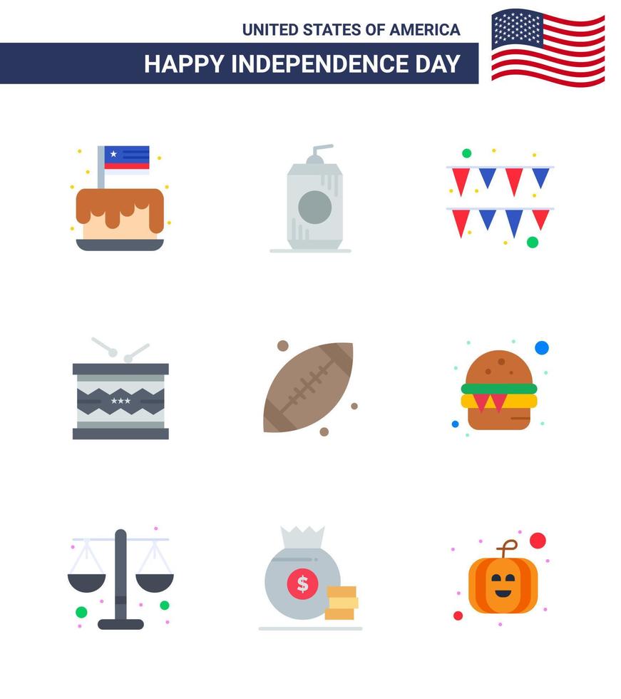 Big Pack of 9 USA Happy Independence Day USA Vector Flats and Editable Symbols of ball parade usa irish drum Editable USA Day Vector Design Elements