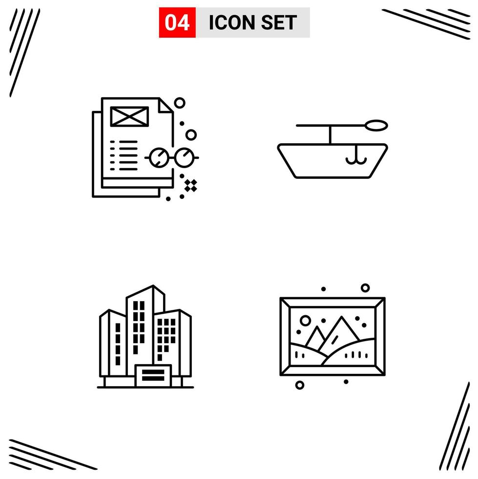 Estilo de línea de 4 iconos. símbolos de esquema creativos basados en cuadrículas para el diseño de sitios web. signos de icono de línea simple aislados en fondo blanco. 4 conjunto de iconos. vector