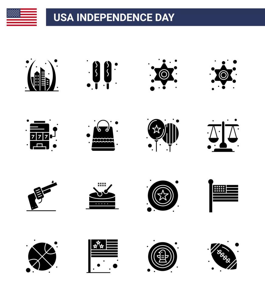 16 USA Solid Glyph Pack of Independence Day Signs and Symbols of money game men slot casino Editable USA Day Vector Design Elements
