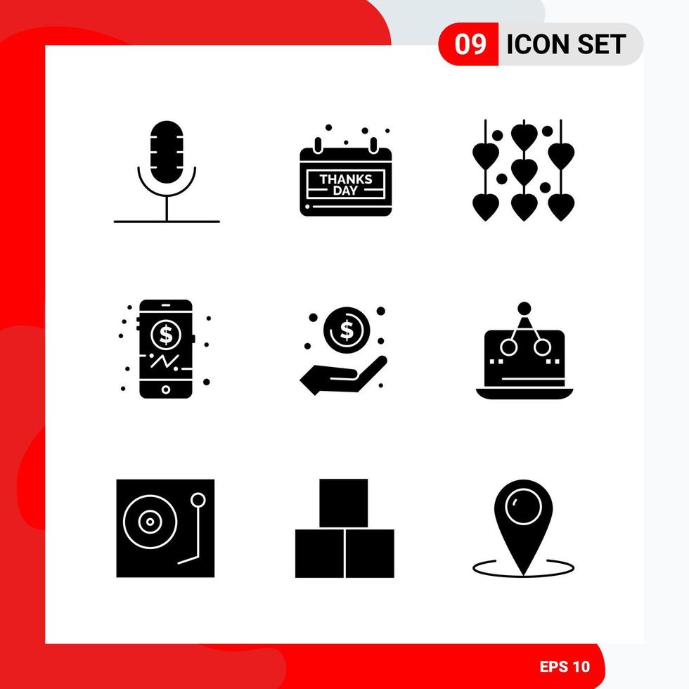 Creative Set of 9 Universal Glyph Icons isolated on White Background vector