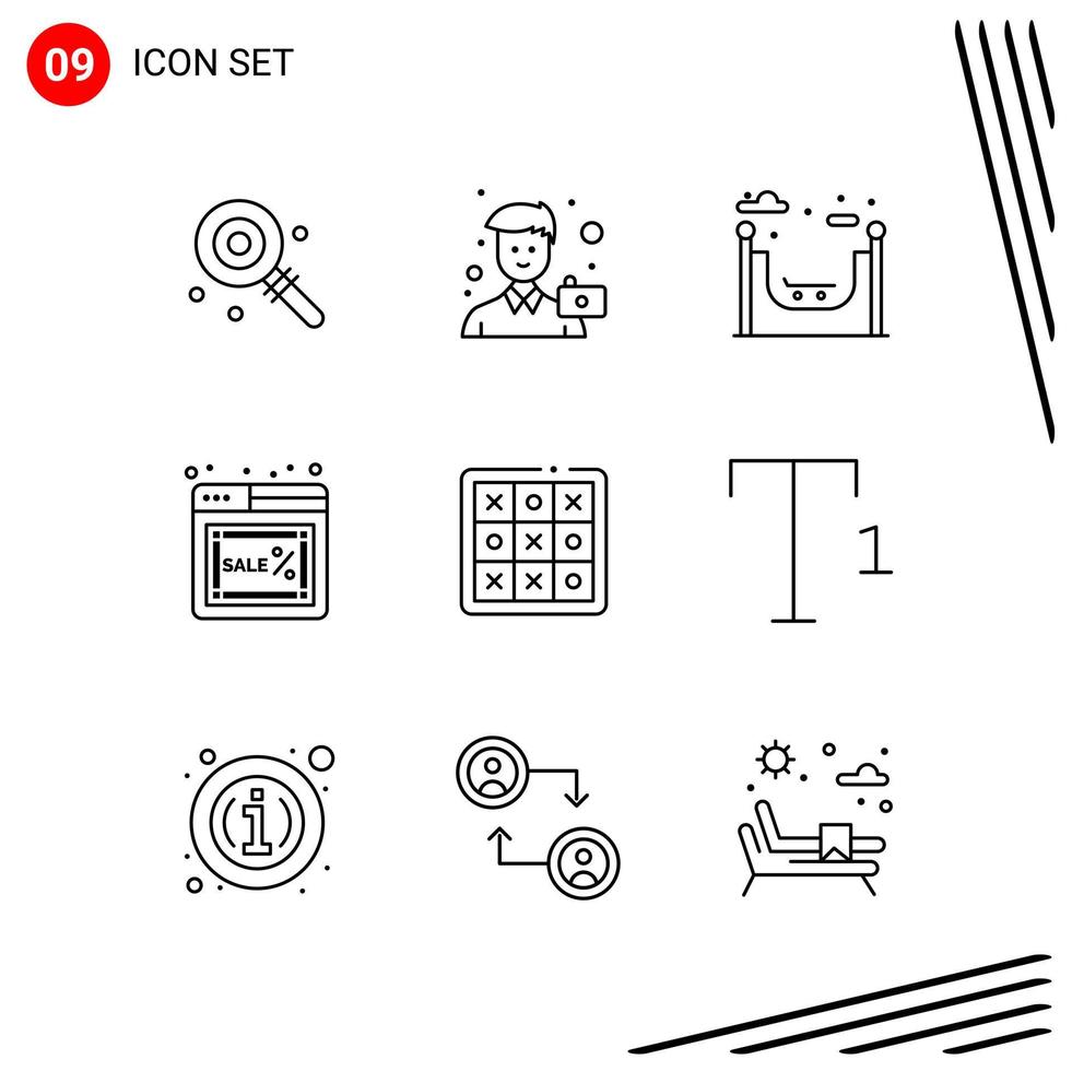 Collection of 9 Vector Icons in Line style. Pixle Perfect Outline Symbols for Web and Mobile. Line Icon Signs on White Background. 9 Icons.