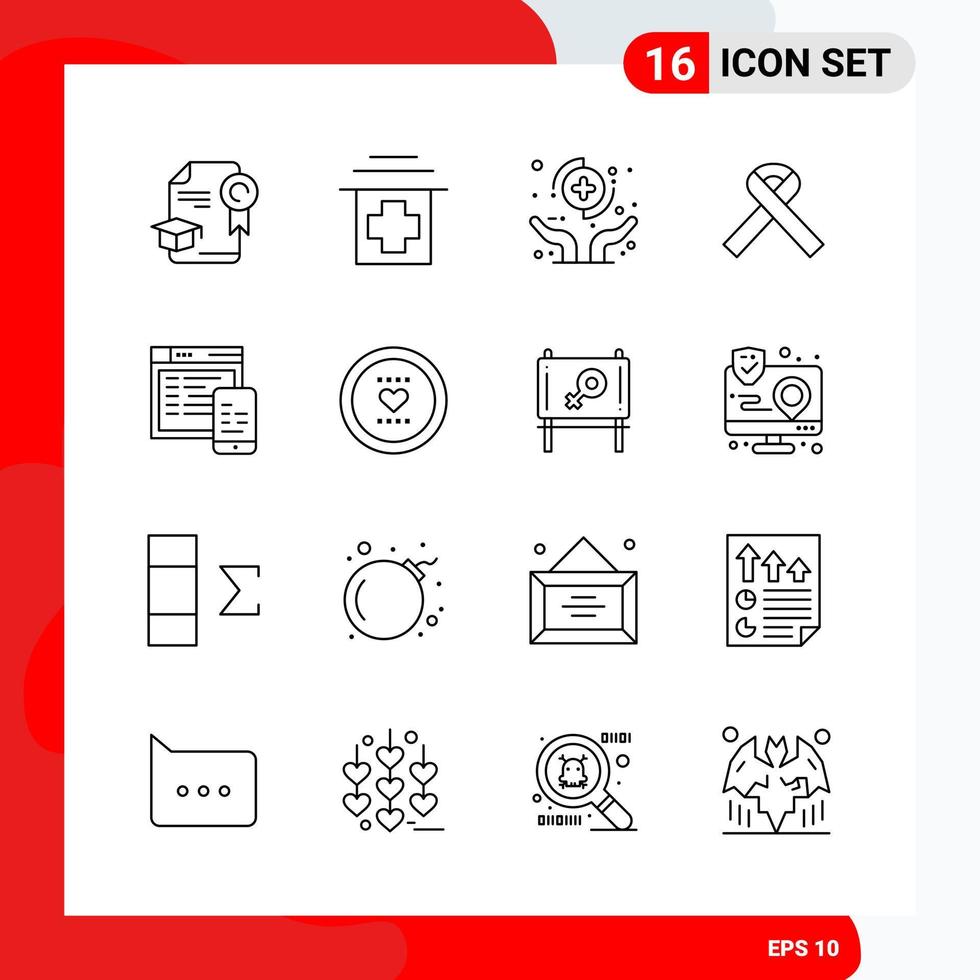 conjunto creativo de 16 iconos de contorno universal aislados sobre fondo blanco. vector