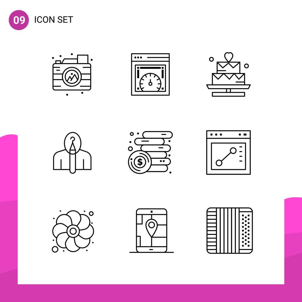 conjunto de iconos de contorno. paquete de iconos de 9 líneas aislados en fondo blanco para aplicaciones móviles y de impresión de diseño de sitios web sensibles. vector