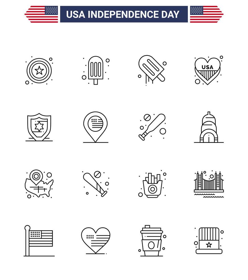 Set of 16 Vector Lines on 4th July USA Independence Day such as american protection american american love Editable USA Day Vector Design Elements