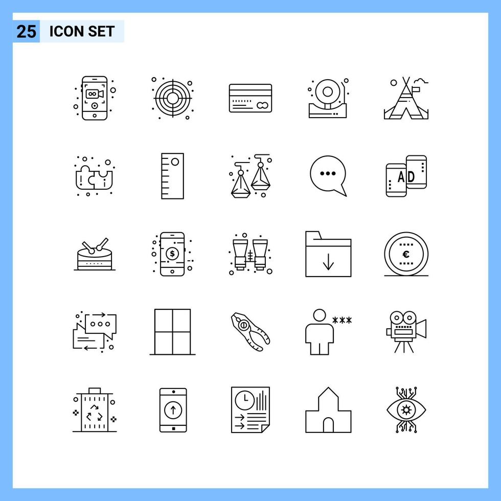 25 iconos. símbolos de contorno creativo de estilo de línea. signo de icono de línea negra aislado sobre fondo blanco. vector