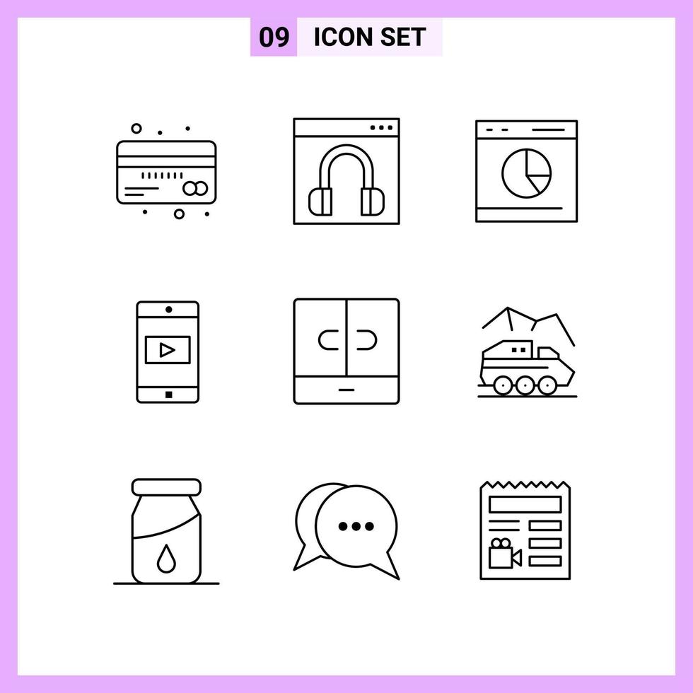 9 Icons in Line Style. Outline Symbols on White Background. Creative Vector Signs for Web mobile and Print.