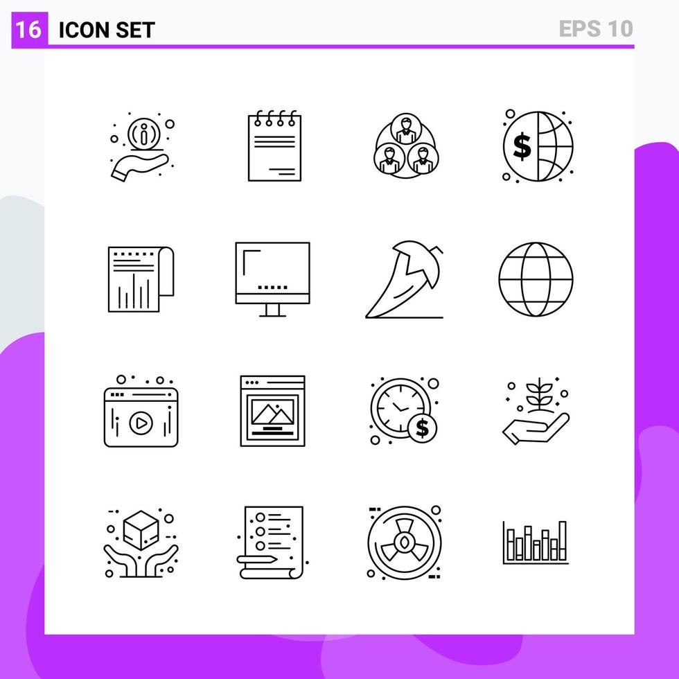 conjunto de 16 iconos en estilo de línea. símbolos de esquema creativos para el diseño de sitios web y aplicaciones móviles. signo de icono de línea simple aislado sobre fondo blanco. 16 iconos. vector