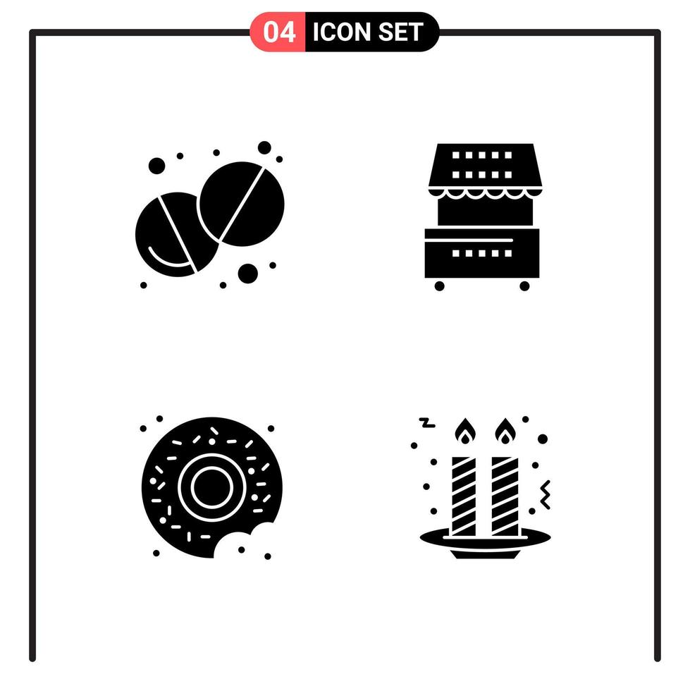 conjunto de 4 iconos de estilo sólido para web y móvil. símbolos de glifos para imprimir. signos de icono sólido aislados sobre fondo blanco. 4 conjunto de iconos. vector