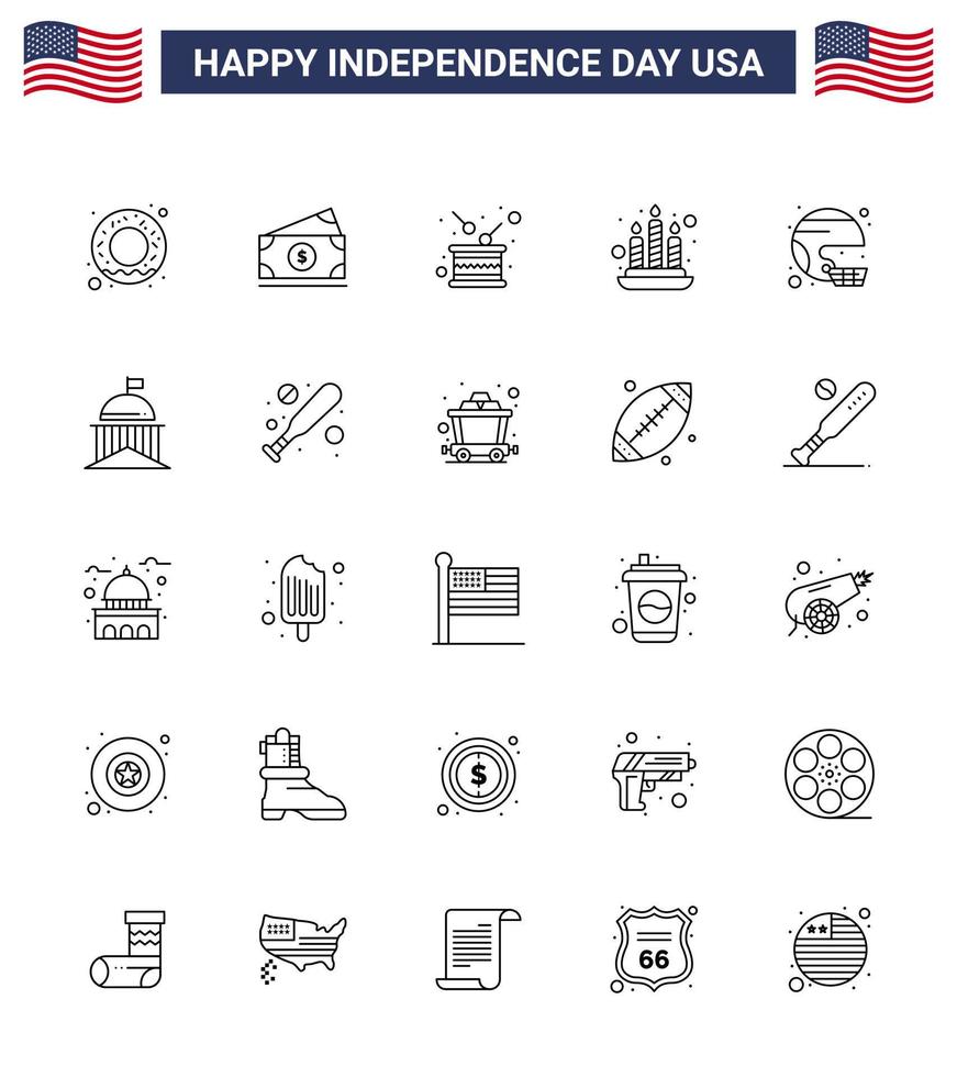 feliz día de la independencia 4 de julio conjunto de 25 líneas pictografía americana de casco vela de luz de tambor americano elementos de diseño de vector de día de estados unidos editables