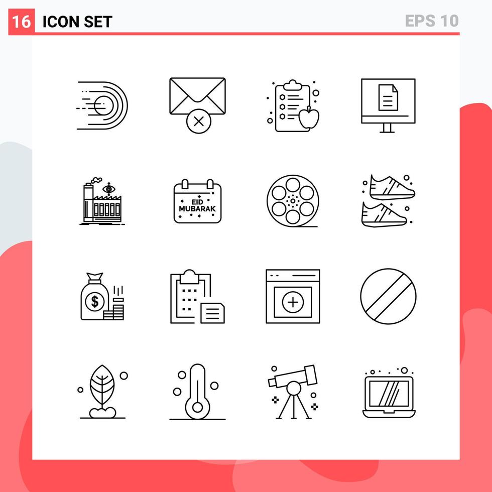 Collection of 16 Vector Icons in Line style. Modern Outline Symbols for Web and Mobile. Line Icon Sign Isolated on White Background. 16 Icons.