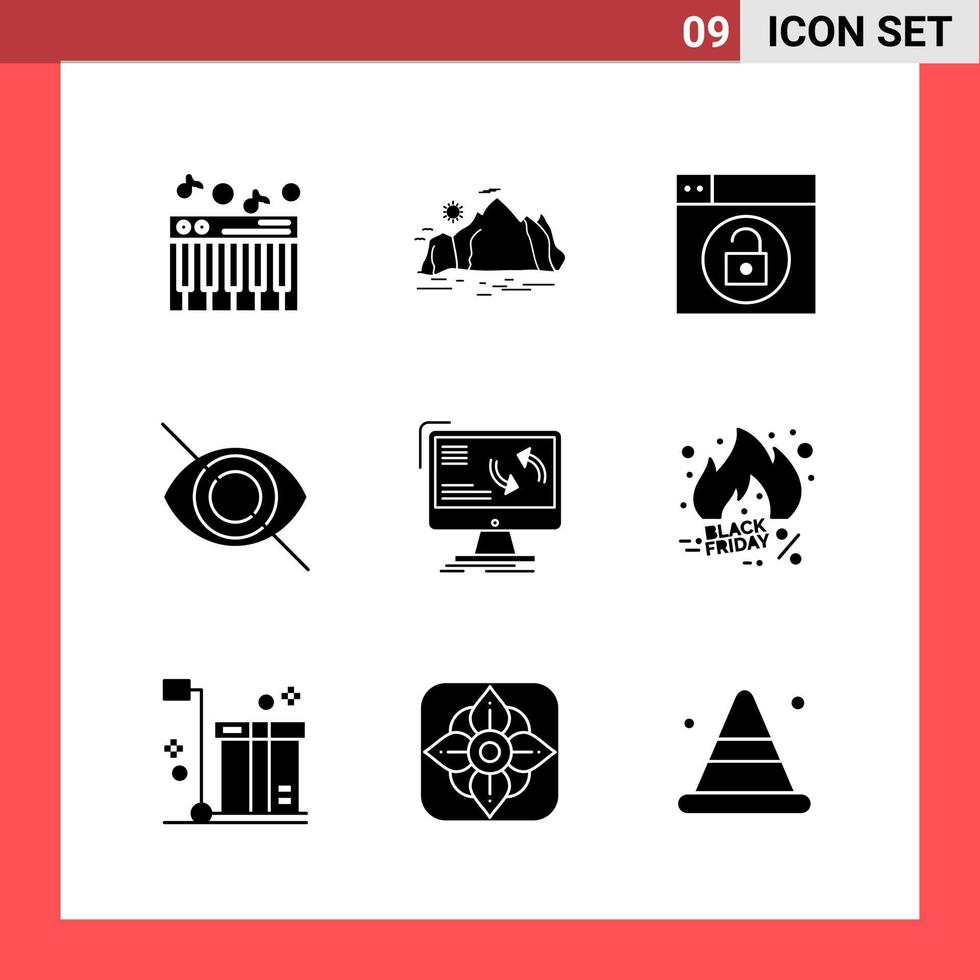 9 Icon Pack Solid Style Glyph Symbols on White Background. Simple Signs for general designing. vector