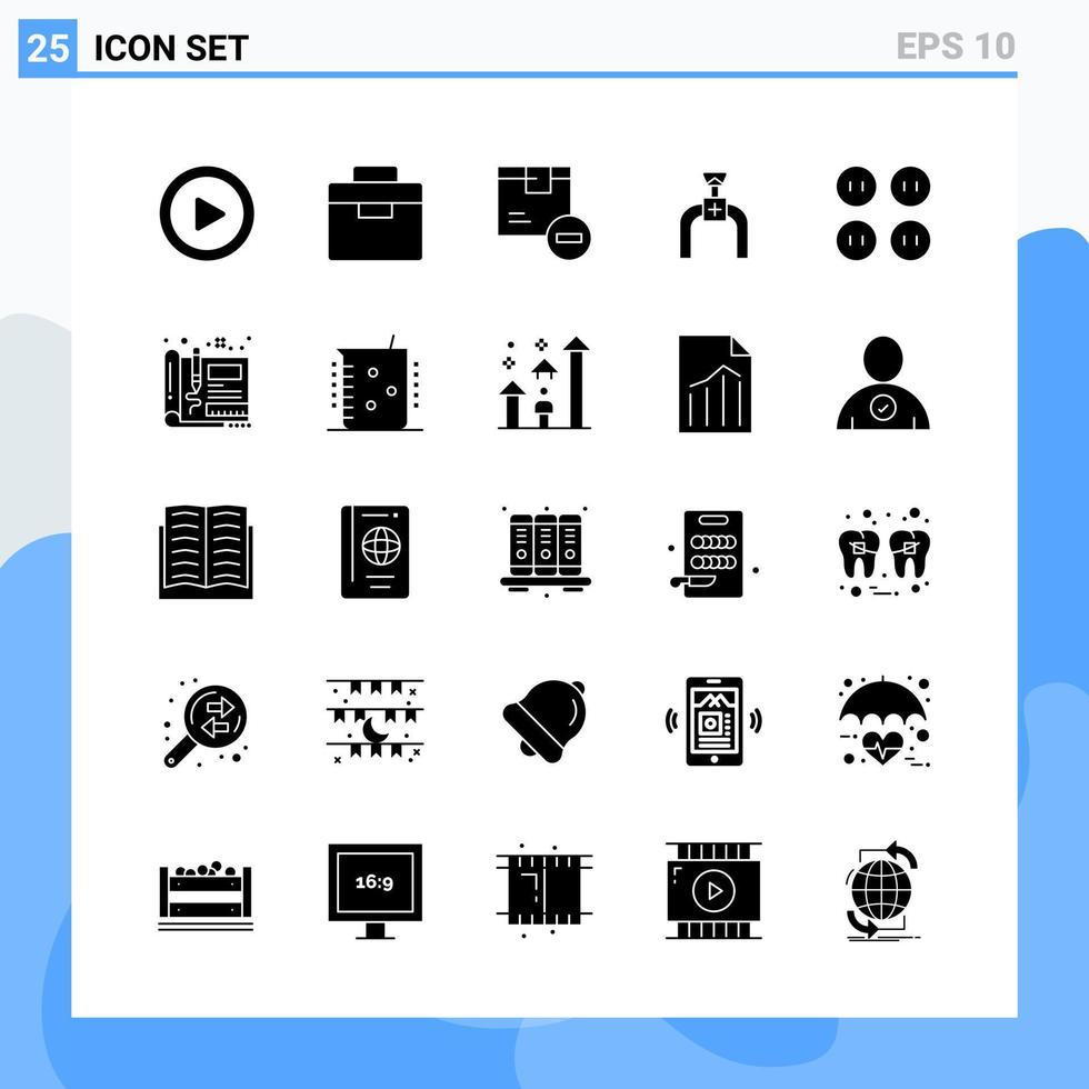 25 iconos modernos de estilo sólido. símbolos de glifos para uso general. signo de icono sólido creativo aislado sobre fondo blanco. Paquete de 25 iconos. vector
