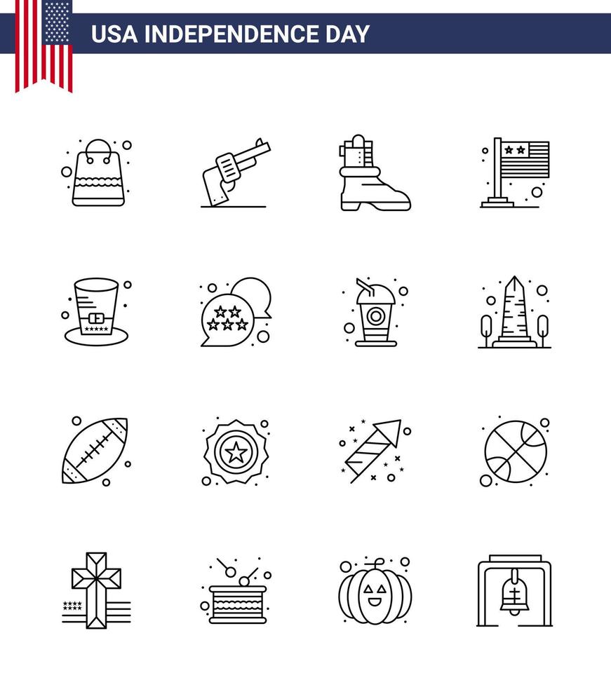 USA Happy Independence DayPictogram Set of 16 Simple Lines of presidents day shose usa flag Editable USA Day Vector Design Elements