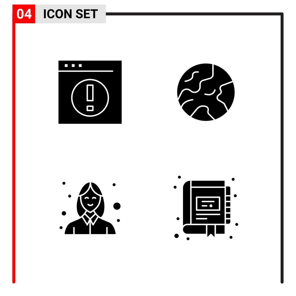 4 General Icons for website design print and mobile apps. 4 Glyph Symbols Signs Isolated on White Background. 4 Icon Pack. vector