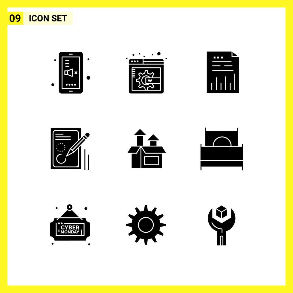 9 Icon Set. Simple Solid Symbols. Glyph Sign on White Background for Website Design Mobile Applications and Print Media. vector