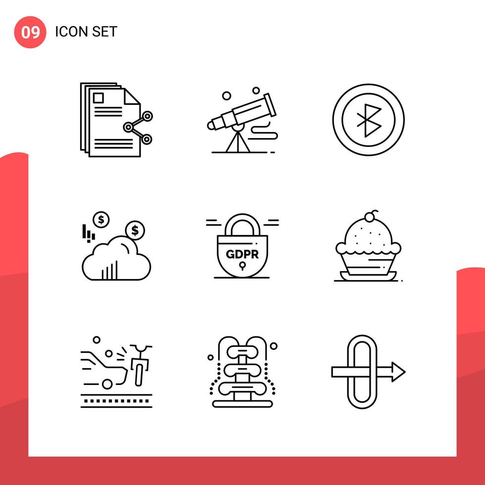 Pack of 9 Universal Outline Icons for Print Media on White Background. vector