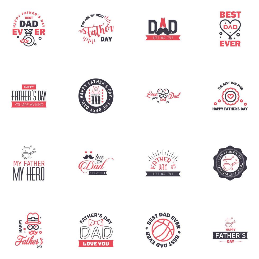 16 Black and Pink Set of Vector Happy fathers day Typography Vintage Icons Lettering for greeting cards banners tshirt design Fathers Day Editable Vector Design Elements