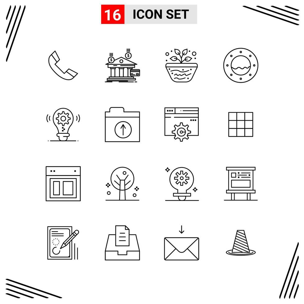 Estilo de línea de 16 iconos. símbolos de esquema creativos basados en cuadrículas para el diseño de sitios web. signos de icono de línea simple aislados en fondo blanco. 16 conjunto de iconos. vector
