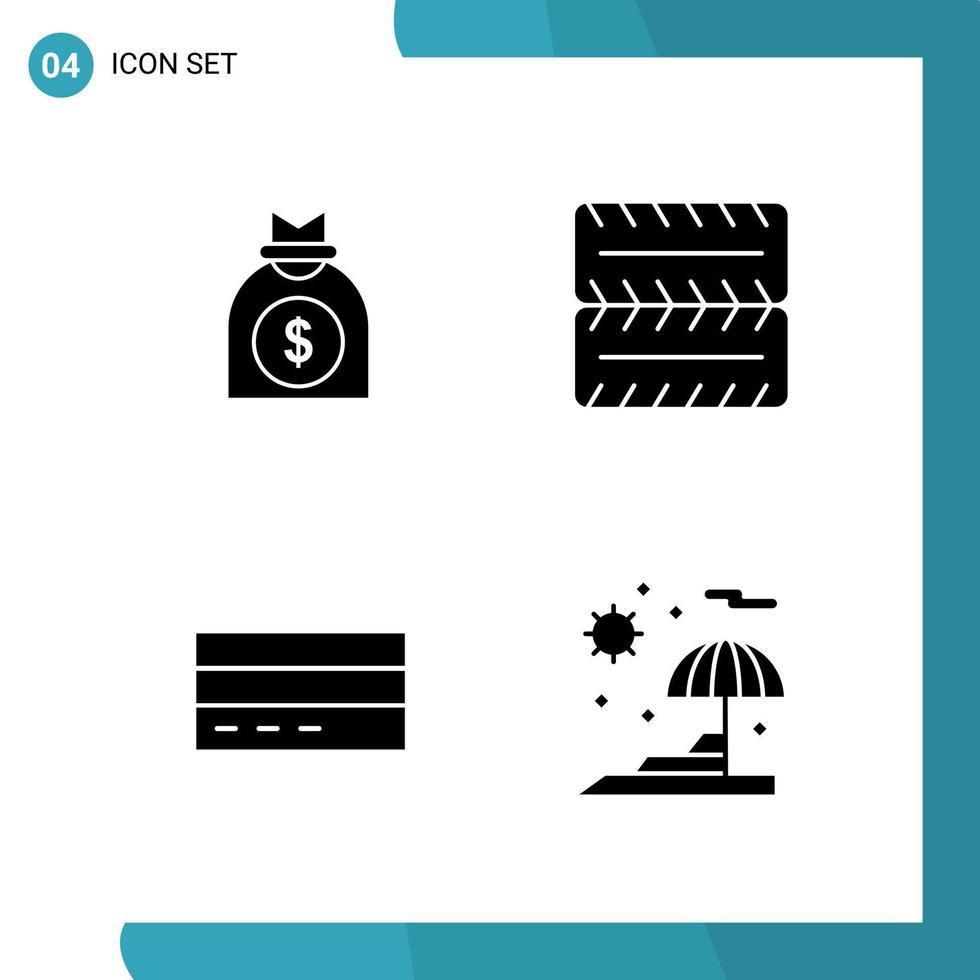 Vector Pack of 4 Glyph Symbols. Solid Style Icon Set on White Background for Web and Mobile.