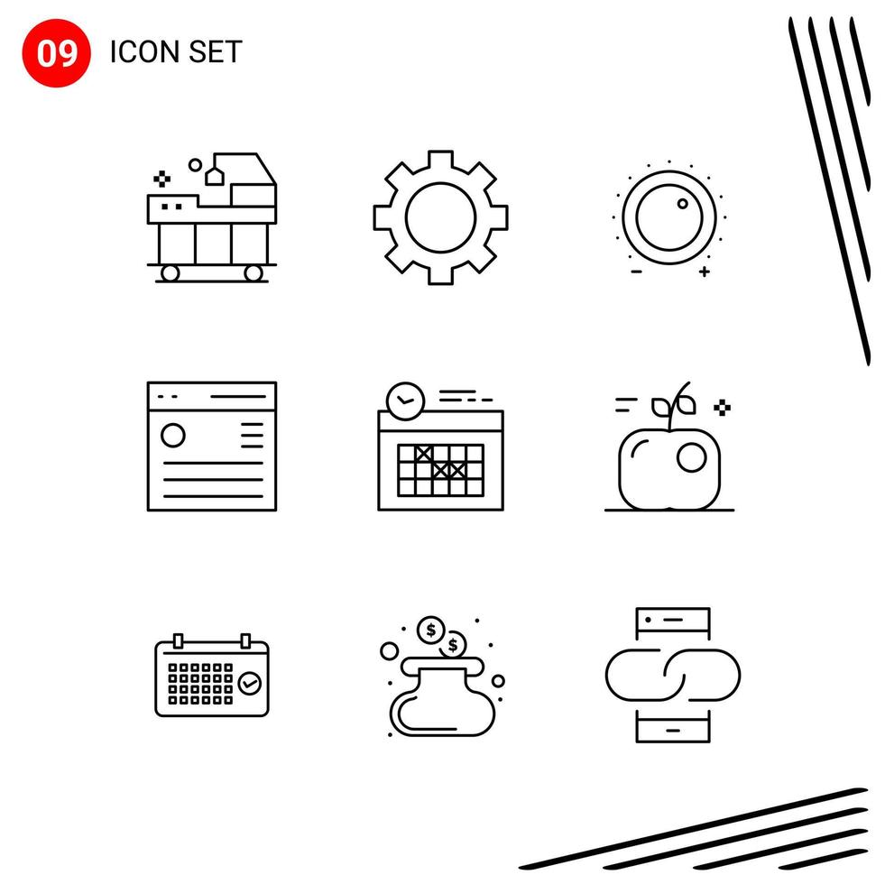 Collection of 9 Vector Icons in Line style. Pixle Perfect Outline Symbols for Web and Mobile. Line Icon Signs on White Background. 9 Icons.