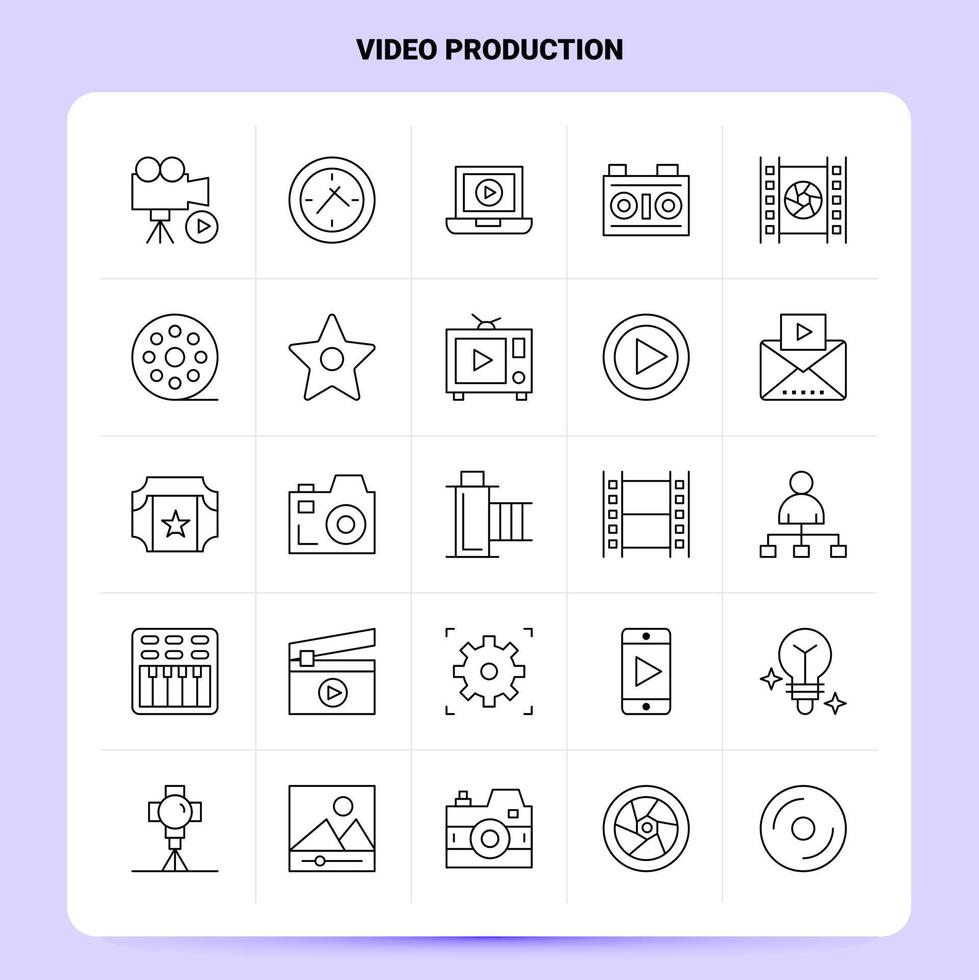 esquema 25 conjunto de iconos de producción de video. conjunto de iconos negros de diseño de estilo de línea vectorial. paquete de pictogramas lineales. ilustración vectorial de diseño de ideas de negocios web y móviles. vector