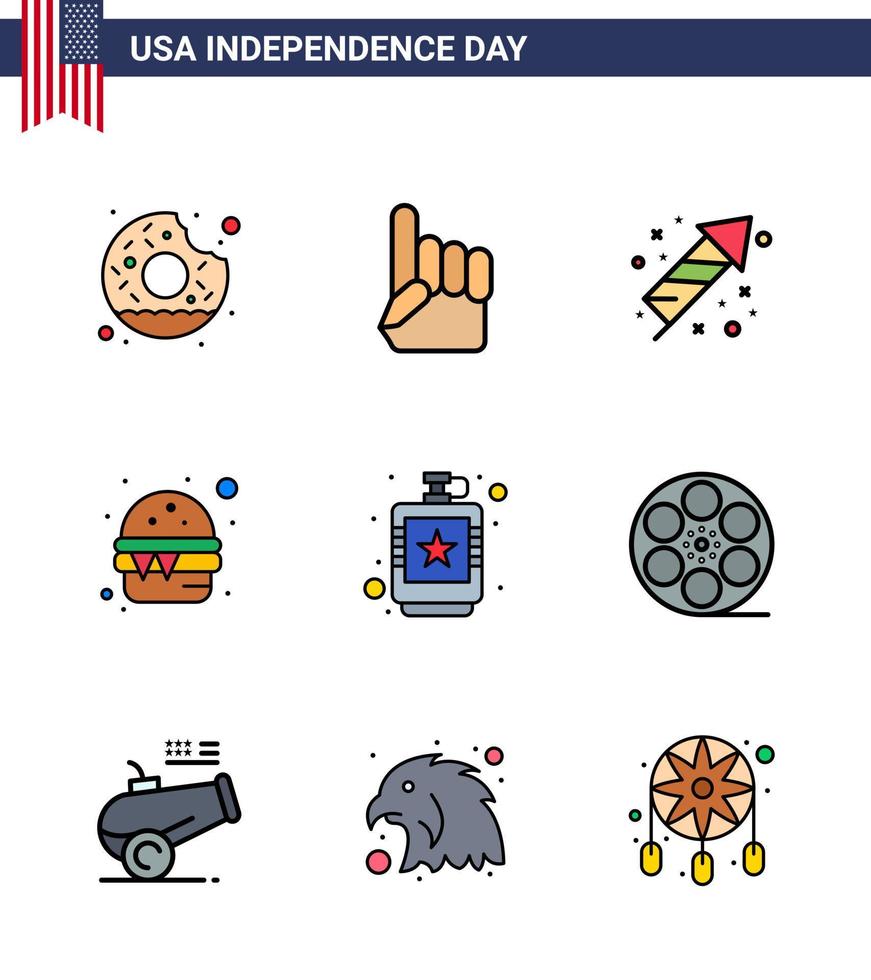 9 paquete de línea plana llena de estados unidos de signos y símbolos del día de la independencia de bebida comida celebración comida hamburguesa elementos de diseño vectorial editables del día de estados unidos vector