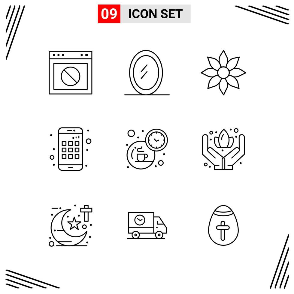 Estilo de línea de 9 iconos. símbolos de esquema creativos basados en cuadrículas para el diseño de sitios web. signos de icono de línea simple aislados en fondo blanco. 9 conjunto de iconos. vector