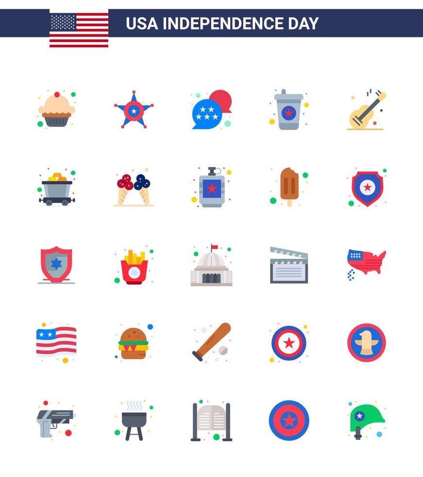 Happy Independence Day 25 Flats Icon Pack for Web and Print american music usa guiter drink Editable USA Day Vector Design Elements