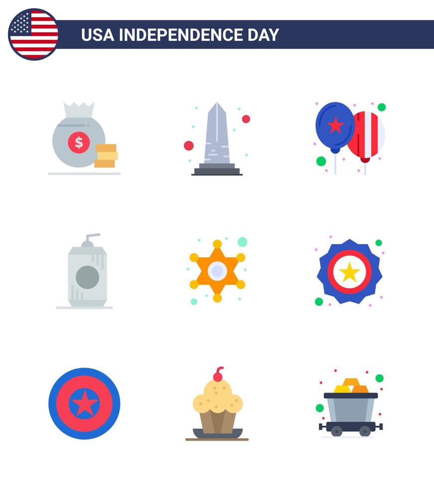 Pack of 9 USA Independence Day Celebration Flats Signs and 4th July Symbols such as men drink washington cola party Editable USA Day Vector Design Elements