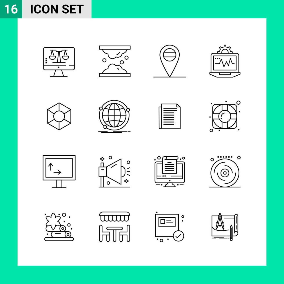 paquete de 16 iconos de estilo de línea. símbolos de esquema para imprimir. signos creativos aislados sobre fondo blanco. 16 conjunto de iconos. vector