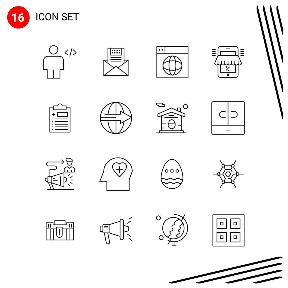 colección de 16 iconos vectoriales en estilo de línea. símbolos de contorno perfectos de píxeles para web y móvil. signos de icono de línea sobre fondo blanco. 16 iconos. vector