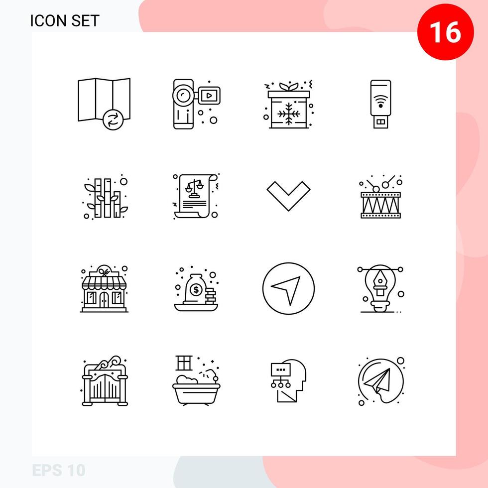 Group of 16 Modern Outlines Set for plant bamboo box signal wifi Editable Vector Design Elements