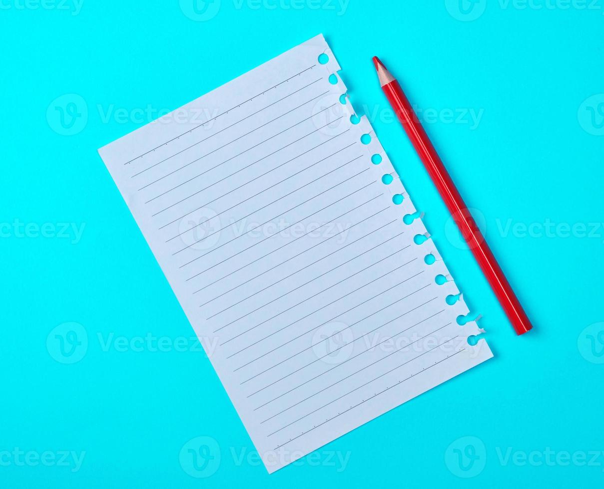 empty rectangular white sheet torn out of notepad and wooden red pencil photo