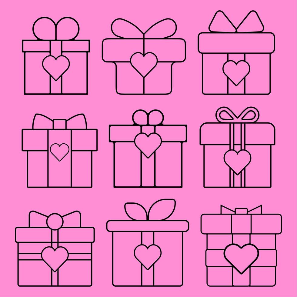 Gift box outline vector illustration. Gift icon design element. Set of present with heart graphic resource. Valentine gift collection