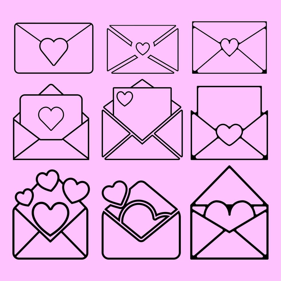 ilustración de vector de contorno de carta de amor. elemento de diseño de icono de carta de amor. conjunto de sobres con recurso gráfico de corazón. colección de sobres de san valentín