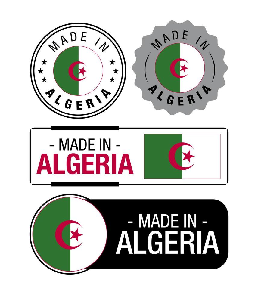 conjunto de etiquetas hechas en Argelia, logotipo, bandera de Argelia, emblema del producto de Argelia vector