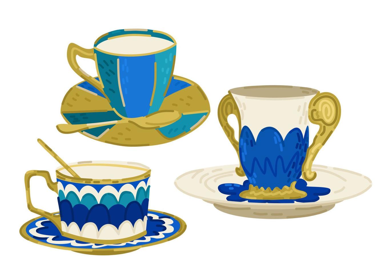 vector aislado conjunto de tazas. azul, dorado y blanco.