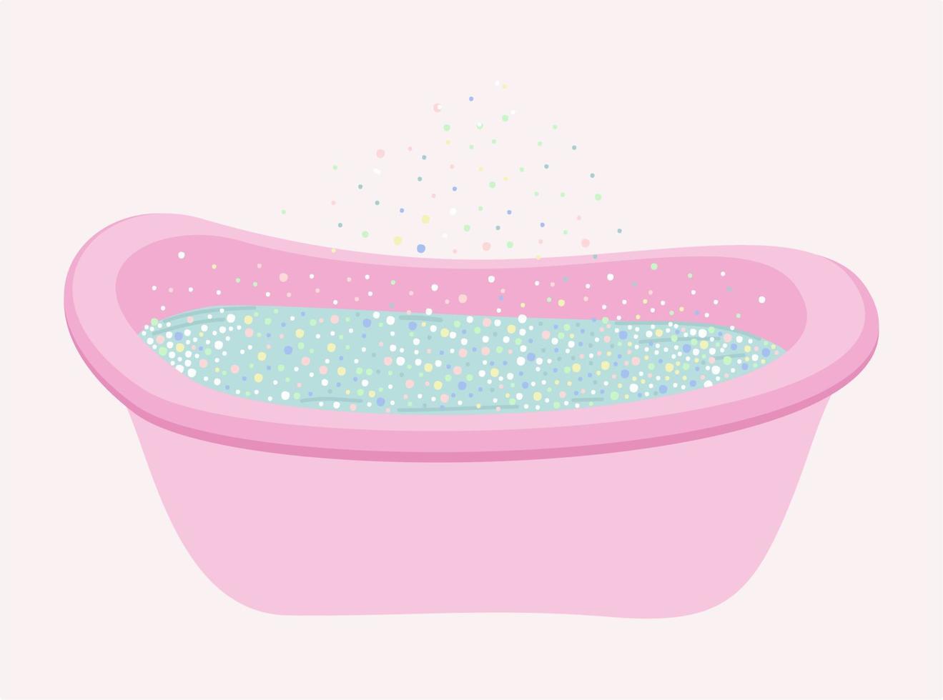 Pink bathtub with water and colorful soap bubbles. Hygiene concept. Vector isolated illustration.