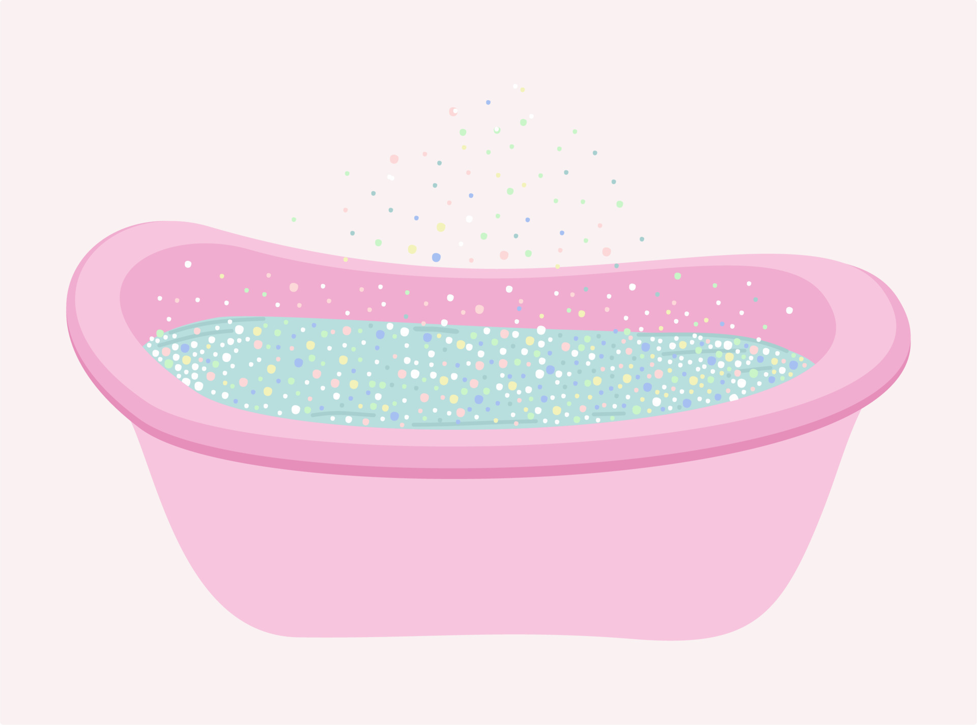 Pink bathtub with water and colorful soap bubbles. Hygiene concept