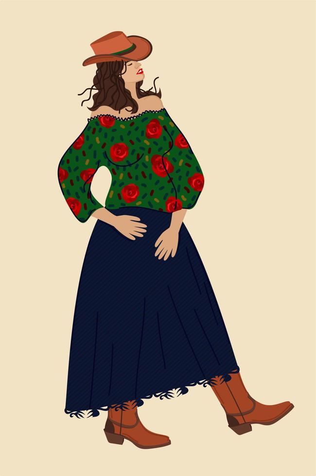 vaquera retra. ilustración vectorial aislada. retrato antiguo de una joven atractiva con sombrero de vaquero, botas y falda larga de mezclilla. vector